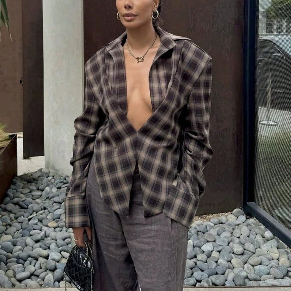 Casual Light Brown Women's Gingham Plaid Ruffle Blouse
